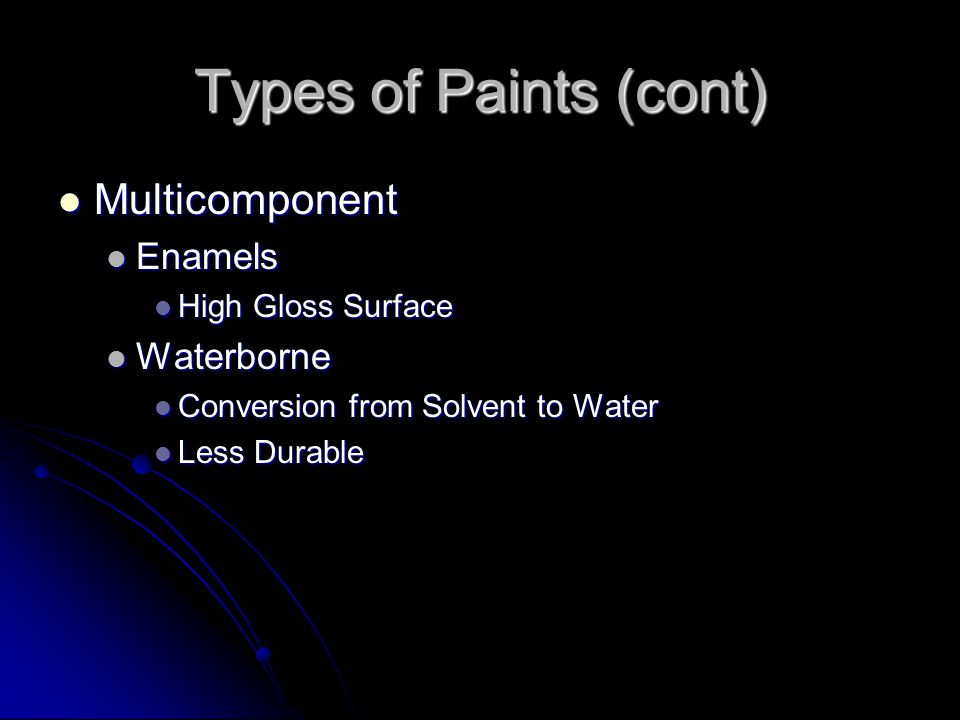 Types of Paints (cont) Multicomponent Multicomponent Enamels Enamels High Gloss Surface High Gloss Surface Waterborne Waterborne Conversion from Solvent to Water Conversion from Solvent to Water Less Durable Less Durable