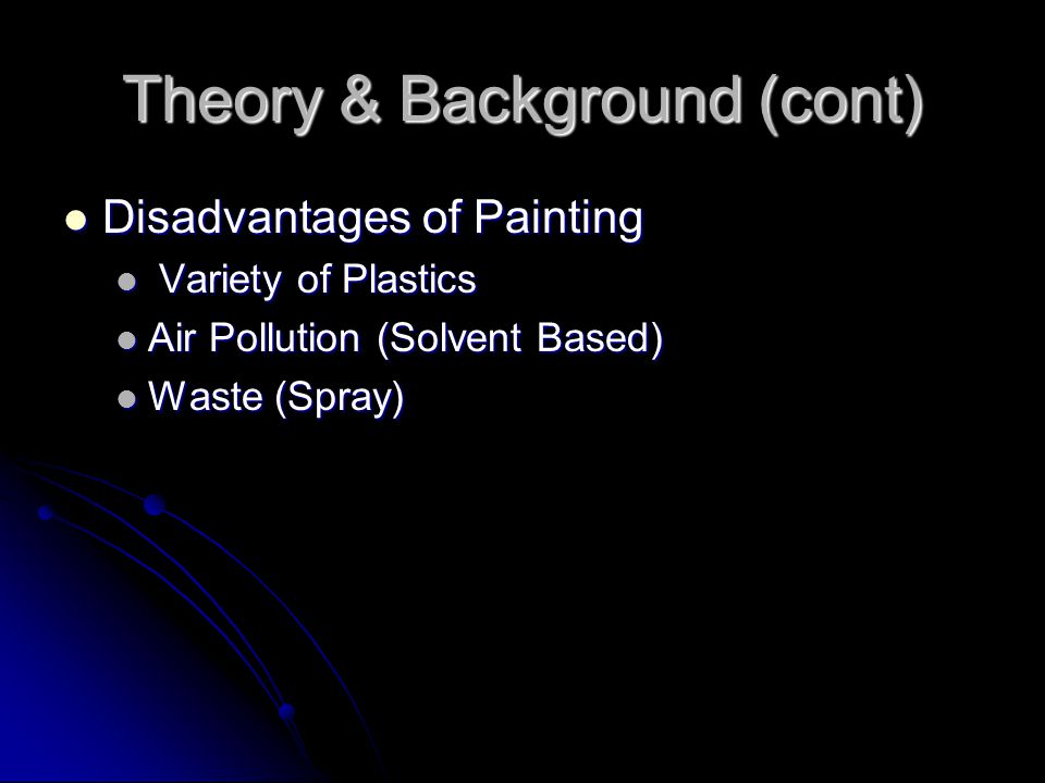 Theory & Background (cont) Disadvantages of Painting Disadvantages of Painting Variety of Plastics Variety of Plastics Air Pollution (Solvent Based) Air Pollution (Solvent Based) Waste (Spray) Waste (Spray)