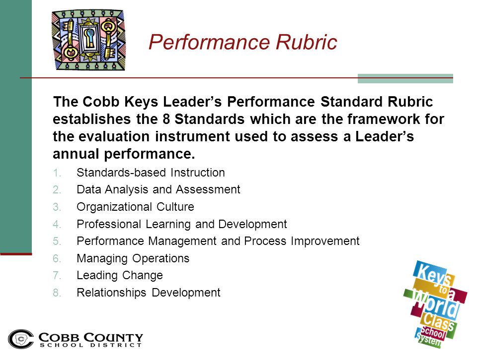 Evaluation System for Leaders The Cobb Keys Leader’s performance evaluation system consists of three documents:  Performance Rubric  Annual Report  Guidelines and Instructions