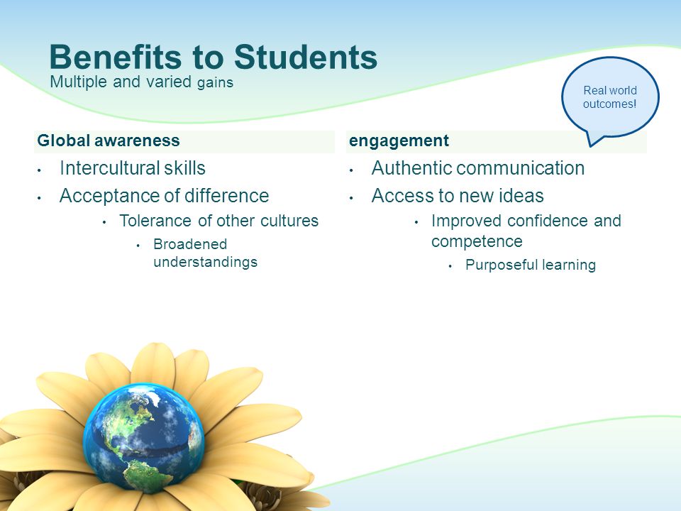 Global awareness Intercultural skills Acceptance of difference Tolerance of other cultures Broadened understandings Authentic communication Access to new ideas Improved confidence and competence Purposeful learning engagement Benefits to Students Multiple and varied gains Real world outcomes!