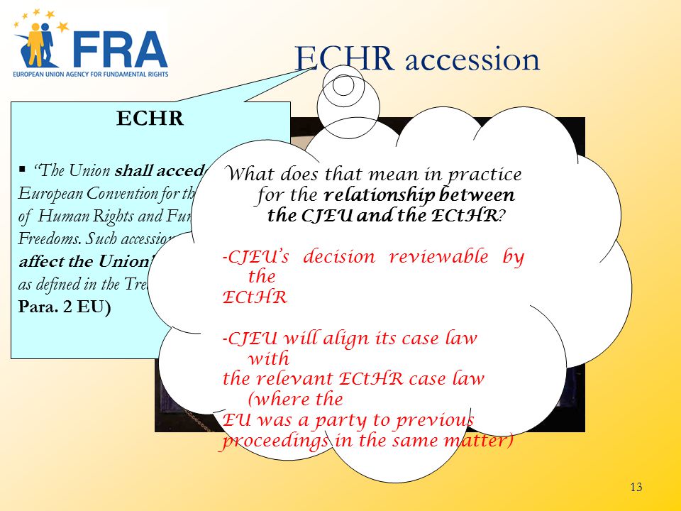 13 ECHR accession 2) accession to the ECHR ECHR  The Union shall accede to the European Convention for the Protection of Human Rights and Fundamental Freedoms.