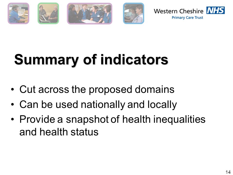 14 Summary of indicators Cut across the proposed domains Can be used nationally and locally Provide a snapshot of health inequalities and health status
