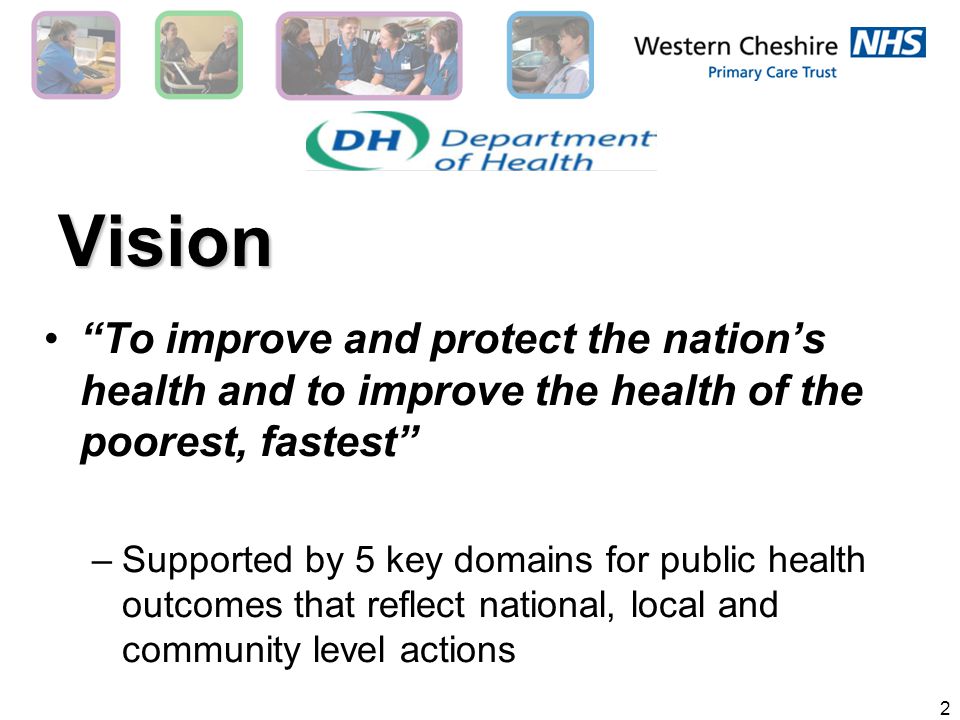 2 Vision To improve and protect the nation’s health and to improve the health of the poorest, fastest –Supported by 5 key domains for public health outcomes that reflect national, local and community level actions