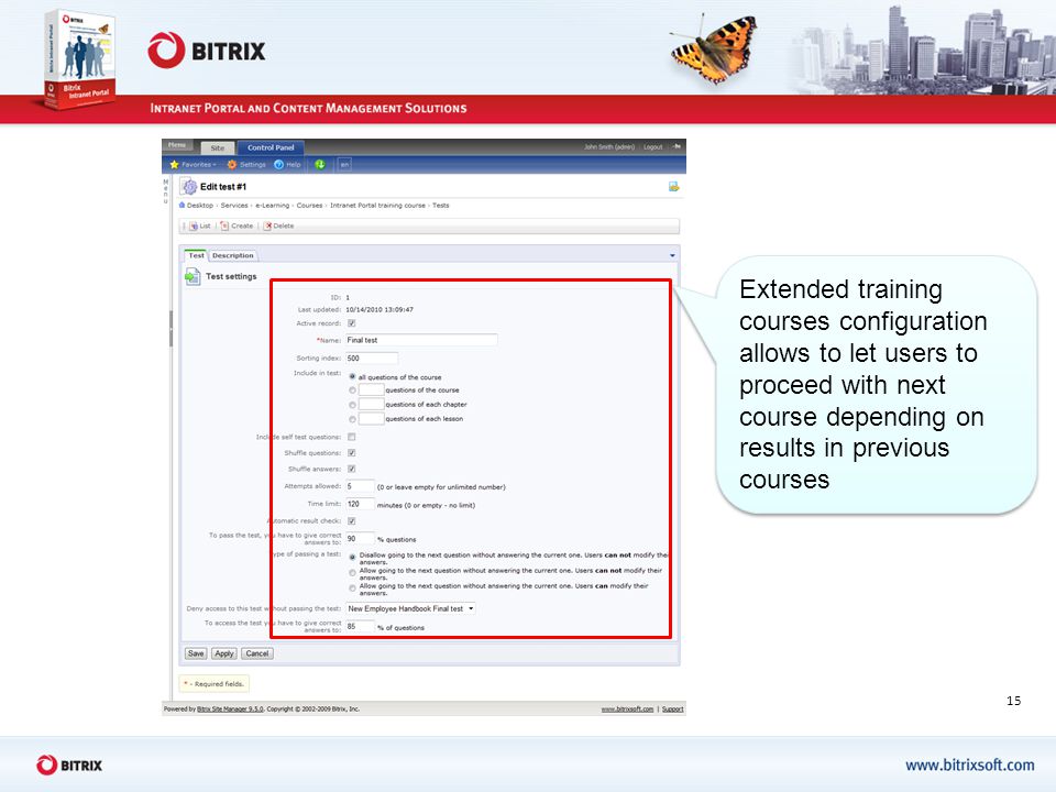 15 Extended training courses configuration allows to let users to proceed with next course depending on results in previous courses