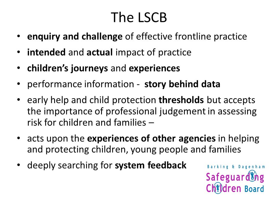 The LSCB enquiry and challenge of effective frontline practice intended and actual impact of practice children’s journeys and experiences performance information - story behind data early help and child protection thresholds but accepts the importance of professional judgement in assessing risk for children and families – acts upon the experiences of other agencies in helping and protecting children, young people and families deeply searching for system feedback