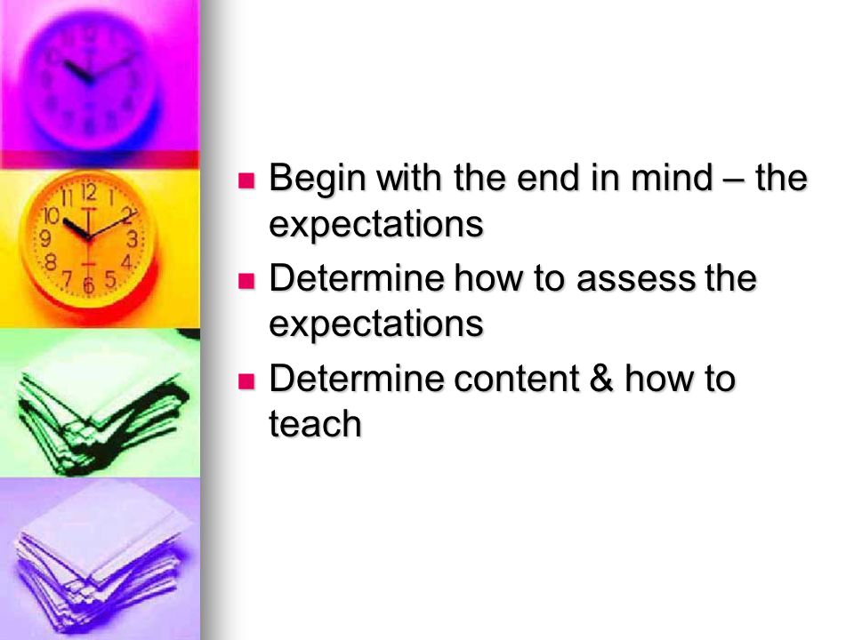 Begin with the end in mind – the expectations Begin with the end in mind – the expectations Determine how to assess the expectations Determine how to assess the expectations Determine content & how to teach Determine content & how to teach