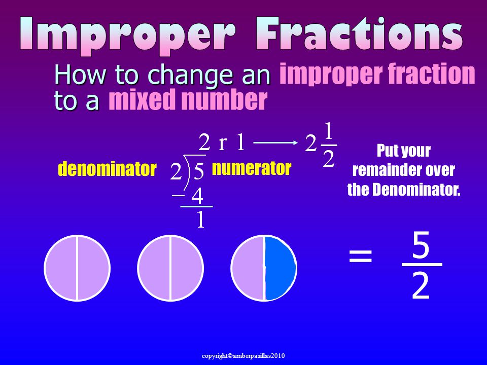How to change an improper fraction to a mixed number = 5 Put your remainder over the Denominator.