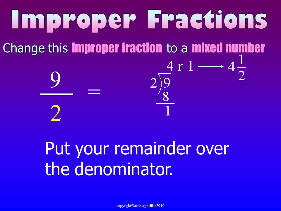 Change this to a Change this improper fraction to a mixed number Put your remainder over the denominator.