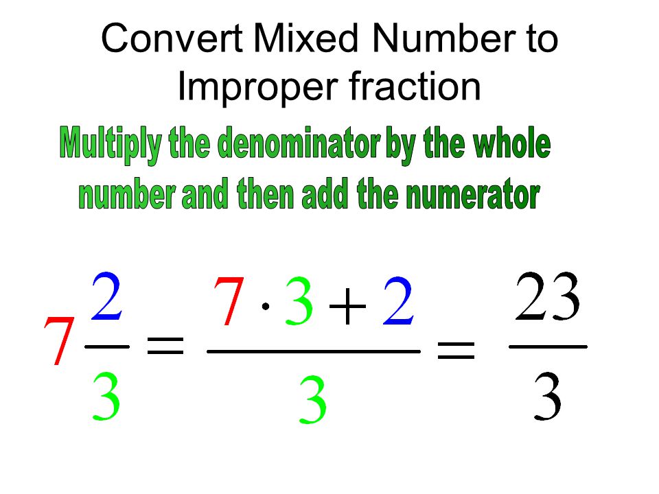 Convert Improper Fractions to Mixed Numbers Divide the numerator by the denominator Use the quotient and the remainder to write the mixed number 2 3 5