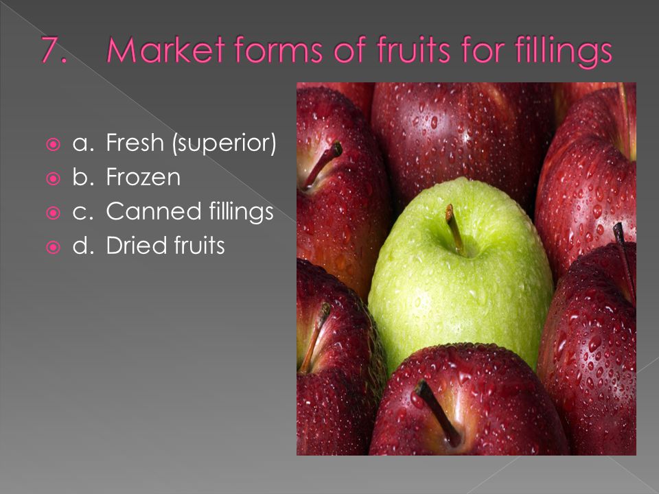  a.Fresh (superior)  b.Frozen  c.Canned fillings  d.Dried fruits