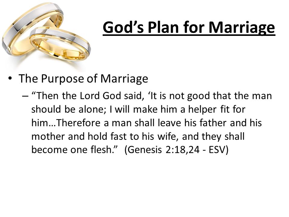 God’s Plan for Marriage The Purpose of Marriage – Then the Lord God said, ‘It is not good that the man should be alone; I will make him a helper fit for him…Therefore a man shall leave his father and his mother and hold fast to his wife, and they shall become one flesh. (Genesis 2:18,24 - ESV)