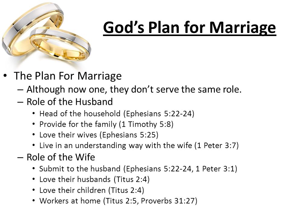 God’s Plan for Marriage The Plan For Marriage – Although now one, they don’t serve the same role.