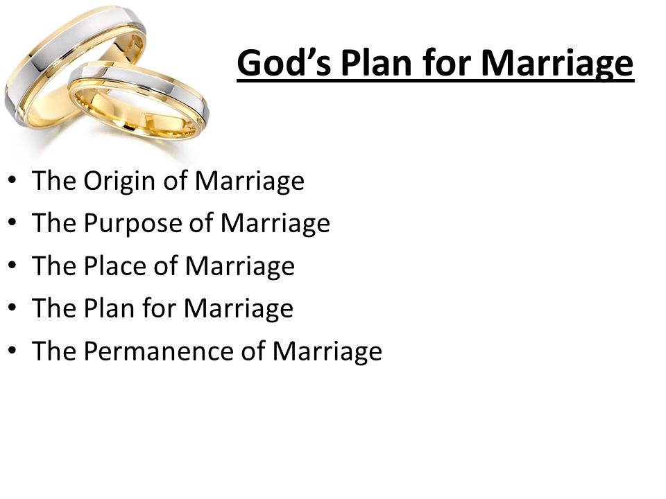 God’s Plan for Marriage The Origin of Marriage The Purpose of Marriage The Place of Marriage The Plan for Marriage The Permanence of Marriage
