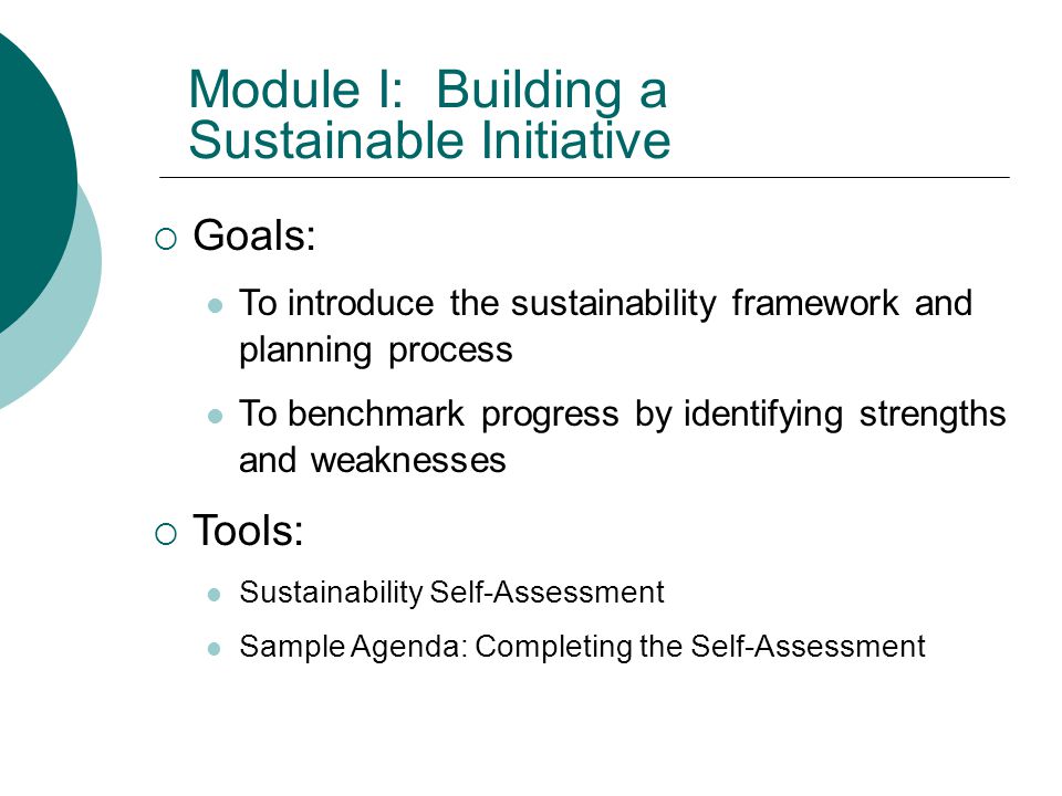 Module I: Building a Sustainable Initiative  Goals: To introduce the sustainability framework and planning process To benchmark progress by identifying strengths and weaknesses  Tools: Sustainability Self-Assessment Sample Agenda: Completing the Self-Assessment