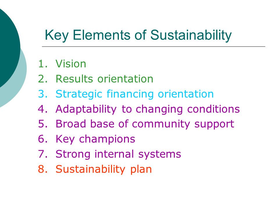 Key Elements of Sustainability 1. Vision 2. Results orientation 3.