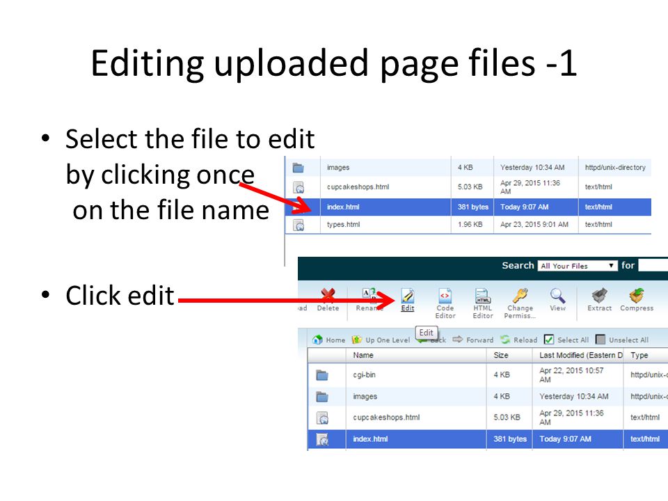 Editing uploaded page files -1 Select the file to edit by clicking once on the file name Click edit