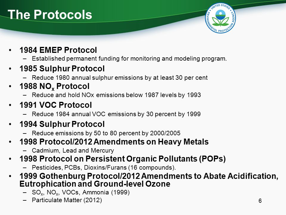 1984 EMEP Protocol –Established permanent funding for monitoring and modeling program.