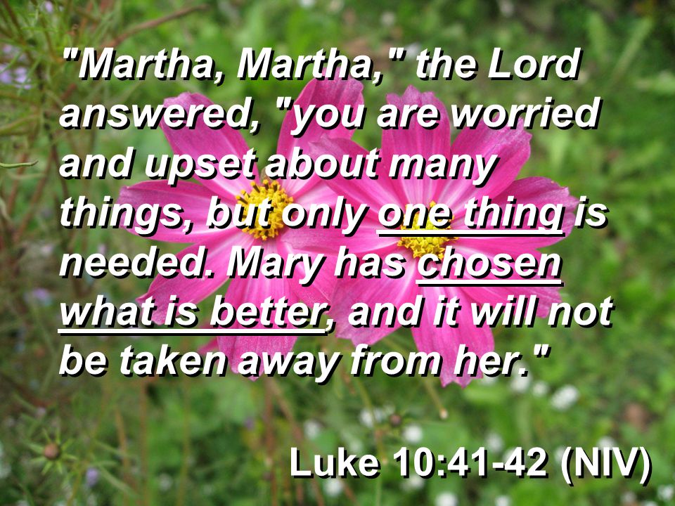 Luke 10:41-42 (NIV) Martha, Martha, the Lord answered, you are worried and upset about many things, but only one thing is needed.