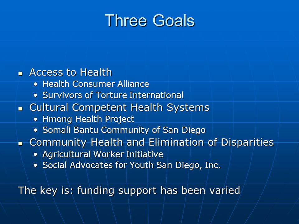 Three Goals Access to Health Access to Health Health Consumer AllianceHealth Consumer Alliance Survivors of Torture InternationalSurvivors of Torture International Cultural Competent Health Systems Cultural Competent Health Systems Hmong Health ProjectHmong Health Project Somali Bantu Community of San DiegoSomali Bantu Community of San Diego Community Health and Elimination of Disparities Community Health and Elimination of Disparities Agricultural Worker InitiativeAgricultural Worker Initiative Social Advocates for Youth San Diego, Inc.Social Advocates for Youth San Diego, Inc.