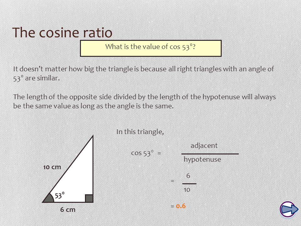 The cosine ratio It doesn’t matter how big the triangle is because all right triangles with an angle of 53° are similar.