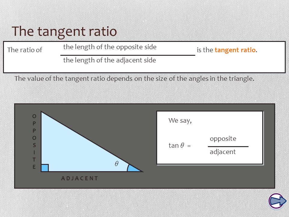 The tangent ratio The ratio of the length of the opposite side the length of the adjacent side is the tangent ratio.