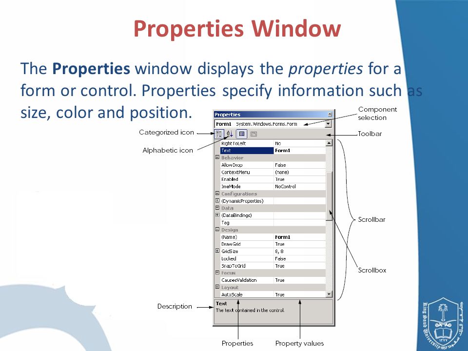 Properties Window The Properties window displays the properties for a form or control.