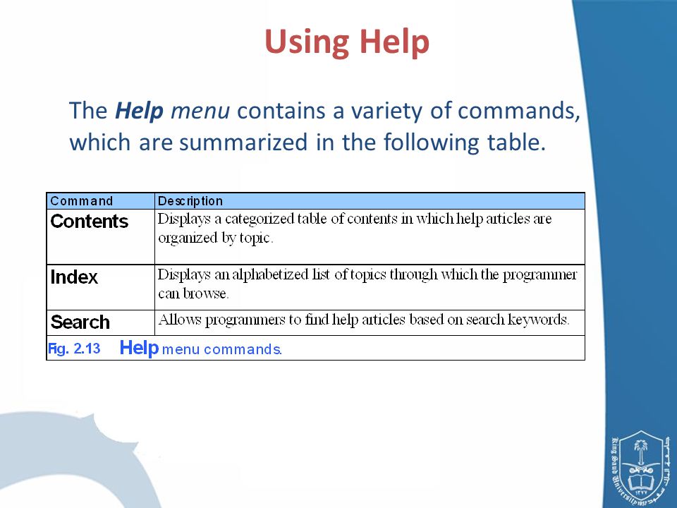 Using Help The Help menu contains a variety of commands, which are summarized in the following table.