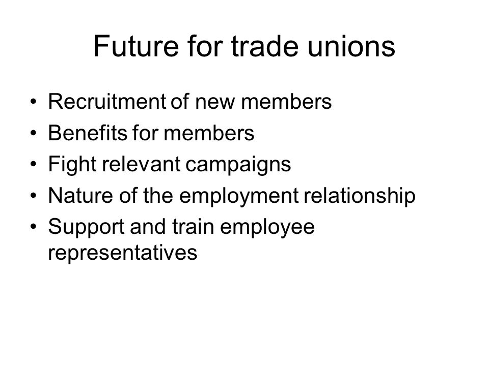Future for trade unions Recruitment of new members Benefits for members Fight relevant campaigns Nature of the employment relationship Support and train employee representatives