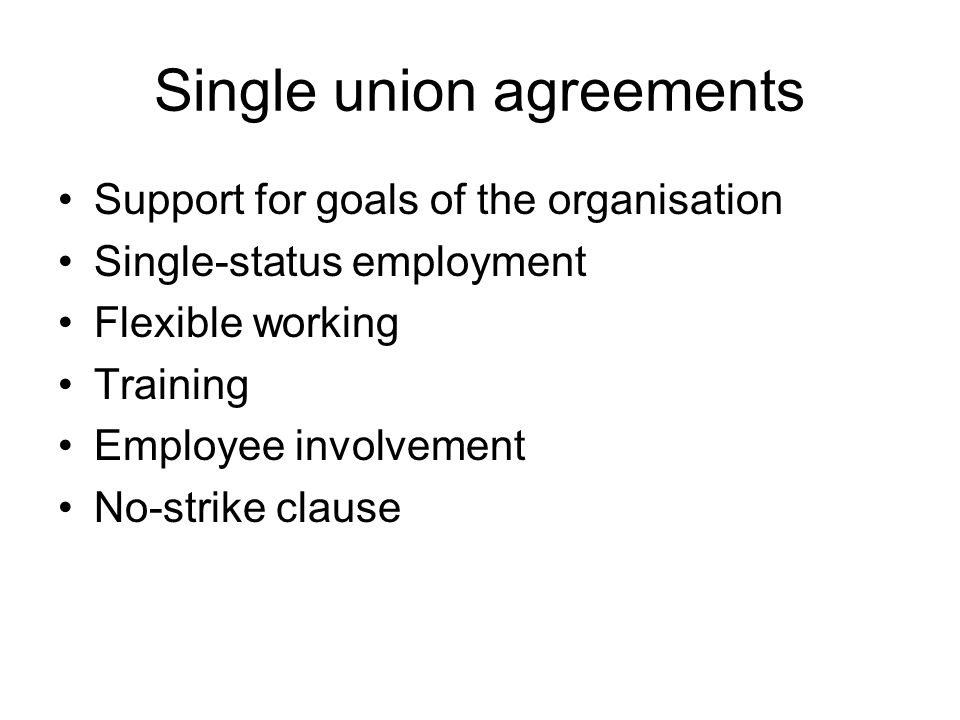 Single union agreements Support for goals of the organisation Single-status employment Flexible working Training Employee involvement No-strike clause