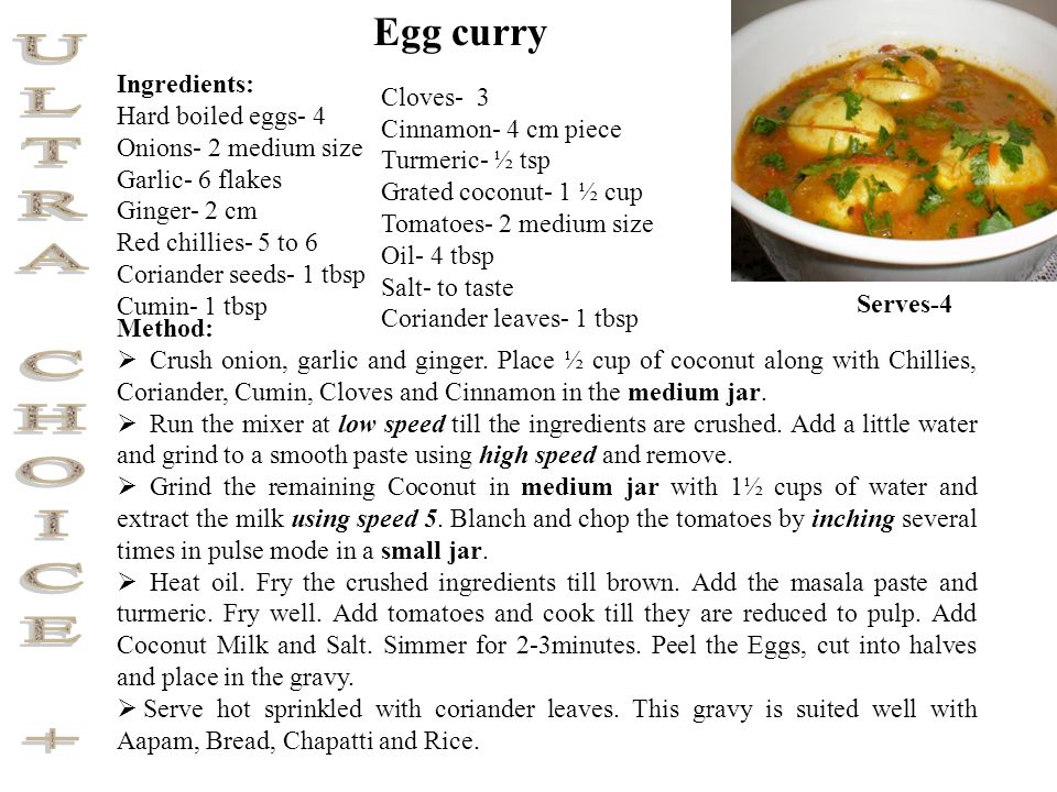 Ingredients: Hard boiled eggs- 4 Onions- 2 medium size Garlic- 6 flakes Ginger- 2 cm Red chillies- 5 to 6 Coriander seeds- 1 tbsp Cumin- 1 tbsp Egg curry Serves-4 Method:  Crush onion, garlic and ginger.