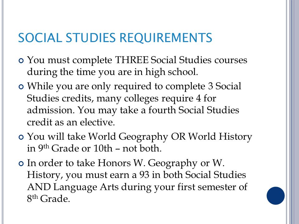 SOCIAL STUDIES REQUIREMENTS You must complete THREE Social Studies courses during the time you are in high school.