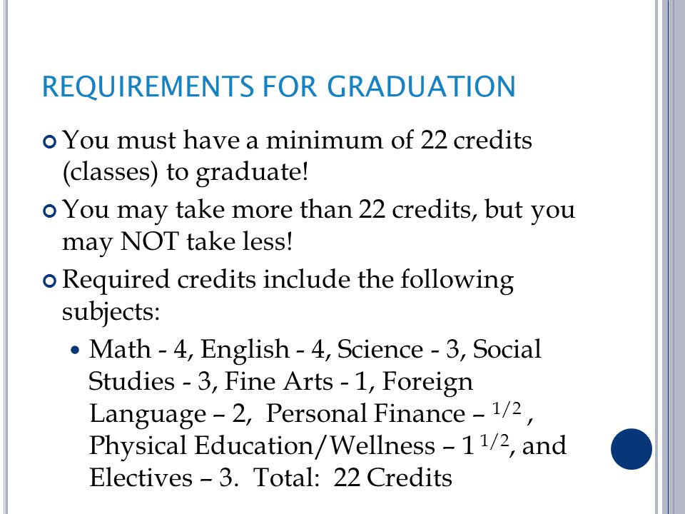 REQUIREMENTS FOR GRADUATION You must have a minimum of 22 credits (classes) to graduate.