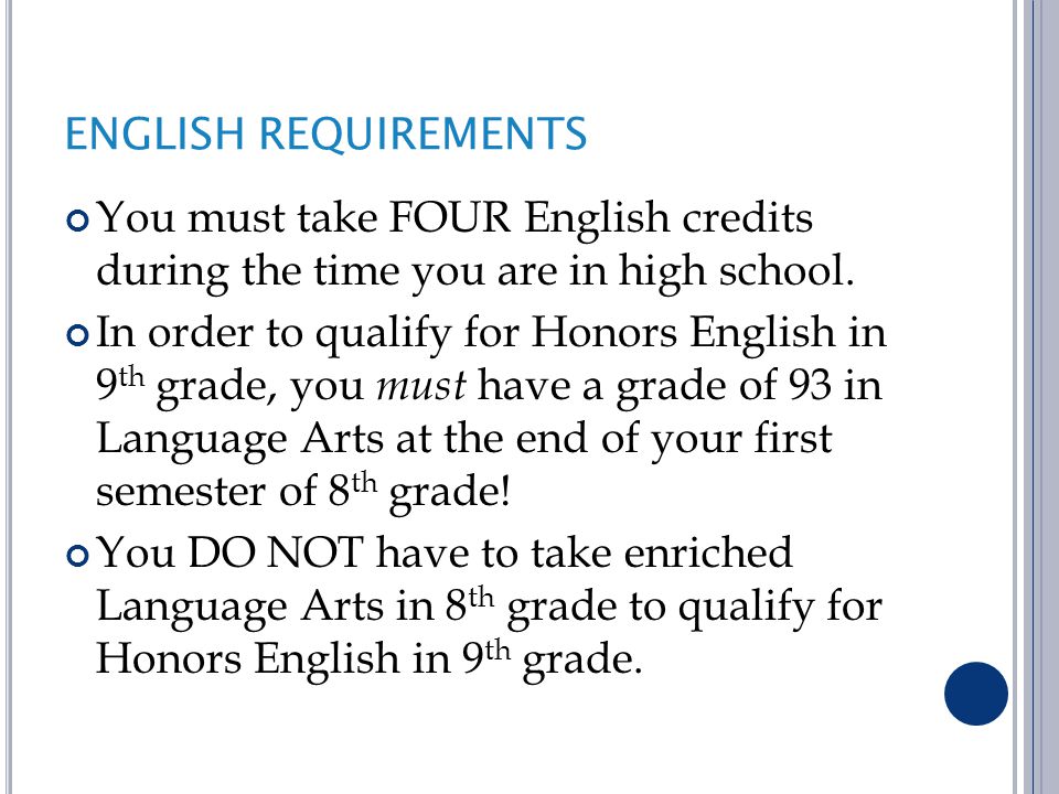 ENGLISH REQUIREMENTS You must take FOUR English credits during the time you are in high school.