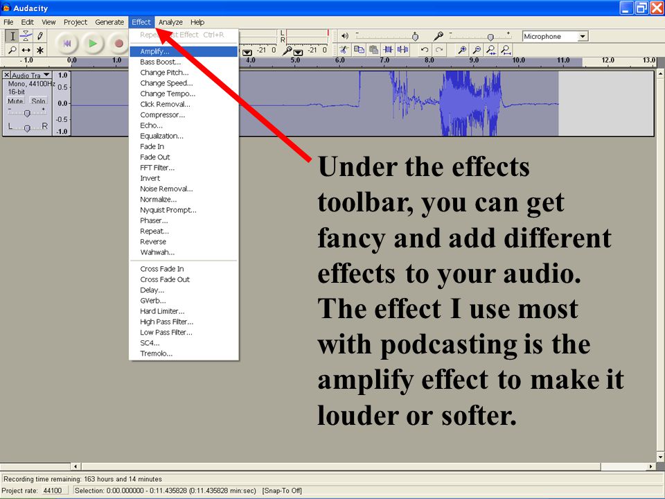 Under the effects toolbar, you can get fancy and add different effects to your audio.