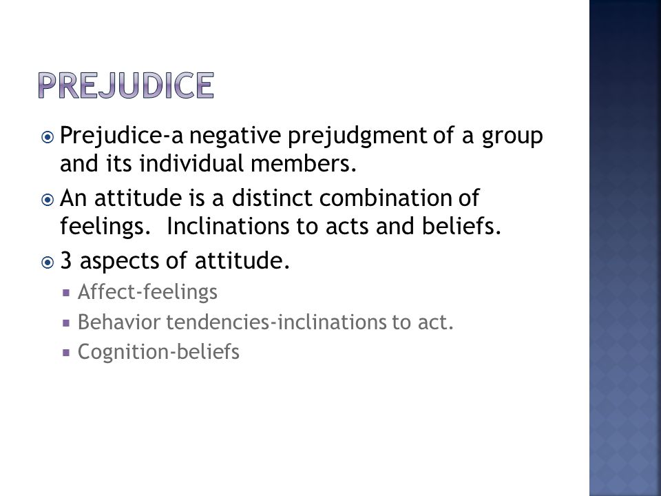  Prejudice-a negative prejudgment of a group and its individual members.