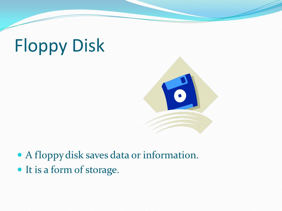 Floppy Disk A floppy disk saves data or information. It is a form of storage.