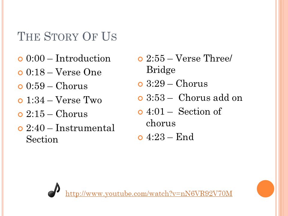 T HE S TORY O F U S 0:00 – Introduction 0:18 – Verse One 0:59 – Chorus 1:34 – Verse Two 2:15 – Chorus 2:40 – Instrumental Section 2:55 – Verse Three/ Bridge 3:29 – Chorus 3:53 – Chorus add on 4:01 – Section of chorus 4:23 – End   v=nN6VR92V70M
