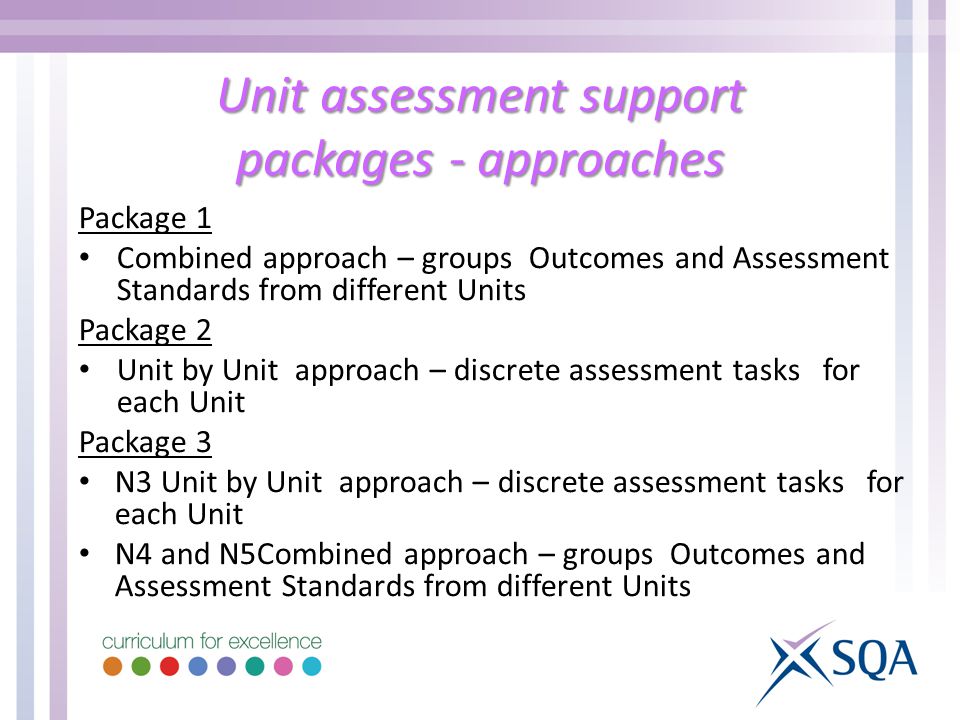 Unit assessment support packages - approaches Package 1 Combined approach – groups Outcomes and Assessment Standards from different Units Package 2 Unit by Unit approach – discrete assessment tasks for each Unit Package 3 N3 Unit by Unit approach – discrete assessment tasks for each Unit N4 and N5Combined approach – groups Outcomes and Assessment Standards from different Units
