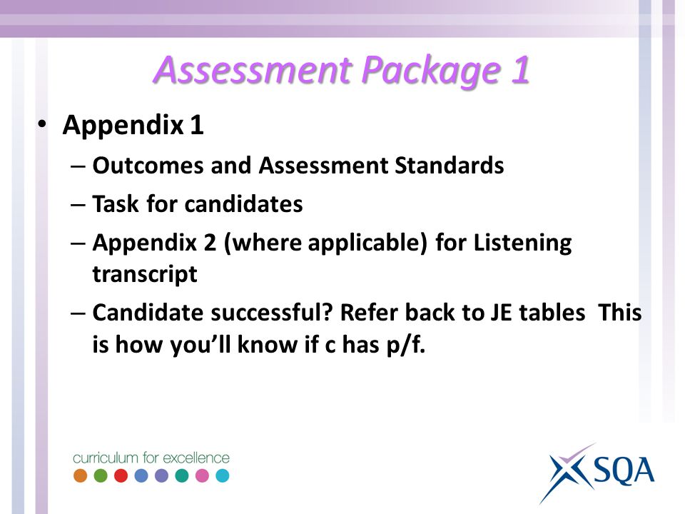 Assessment Package 1 Appendix 1 – Outcomes and Assessment Standards – Task for candidates – Appendix 2 (where applicable) for Listening transcript – Candidate successful.