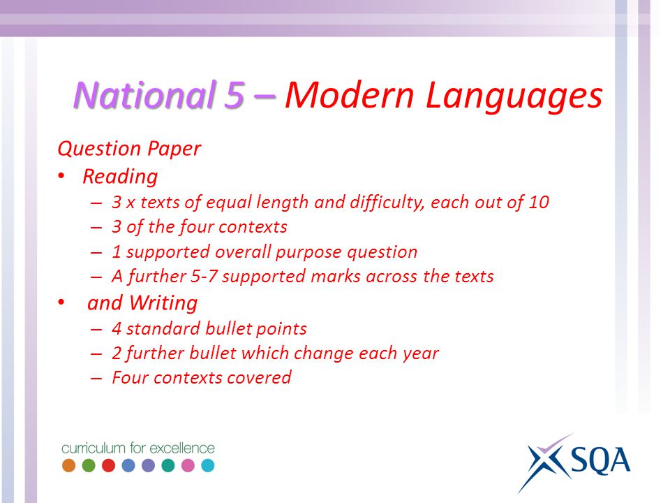 National 5 – National 5 – Modern Languages Question Paper Reading – 3 x texts of equal length and difficulty, each out of 10 – 3 of the four contexts – 1 supported overall purpose question – A further 5-7 supported marks across the texts and Writing – 4 standard bullet points – 2 further bullet which change each year – Four contexts covered