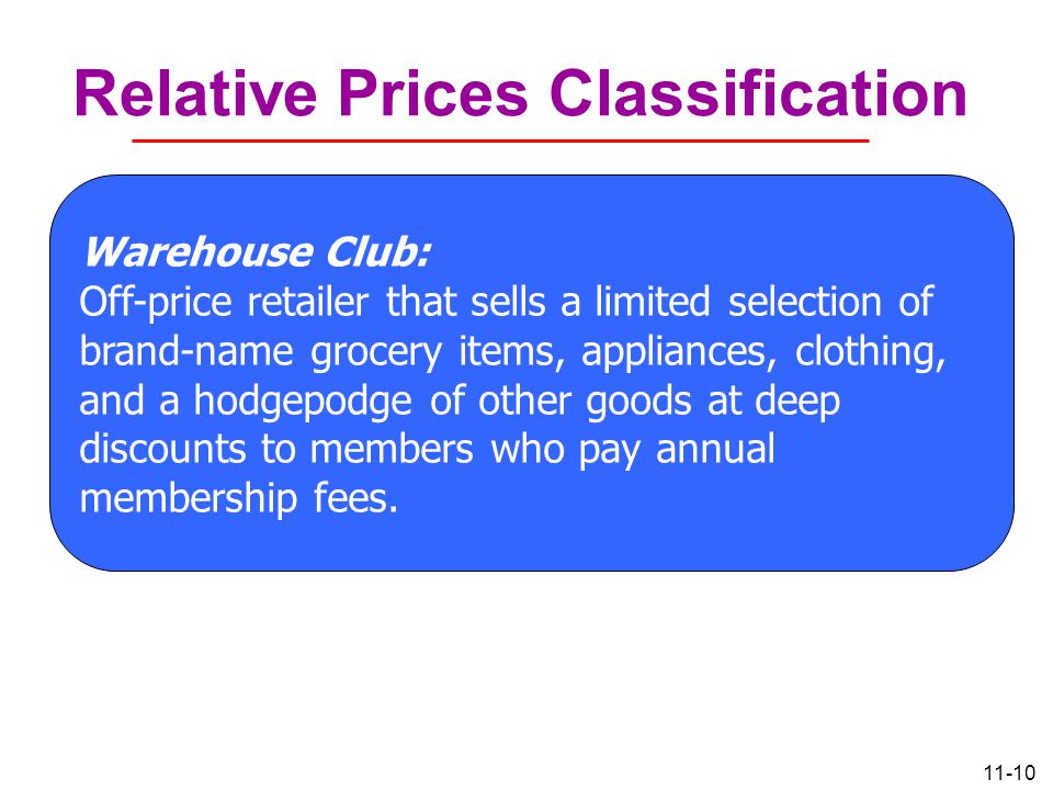 11-10 Relative Prices Classification Warehouse Club: Off-price retailer that sells a limited selection of brand-name grocery items, appliances, clothing, and a hodgepodge of other goods at deep discounts to members who pay annual membership fees.