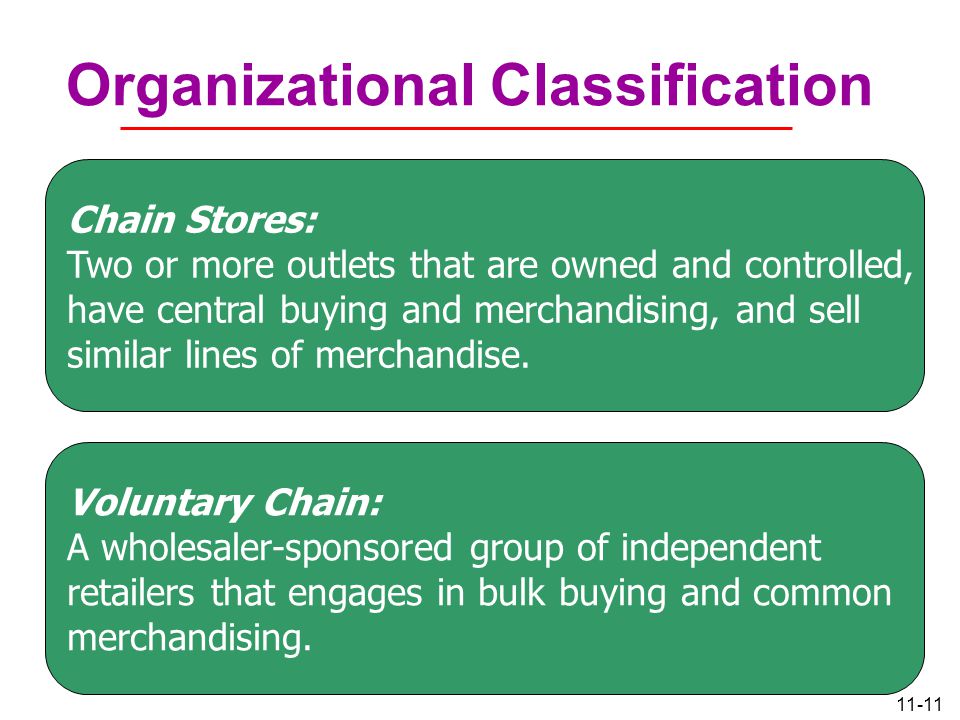 11-11 Organizational Classification Chain Stores: Two or more outlets that are owned and controlled, have central buying and merchandising, and sell similar lines of merchandise.