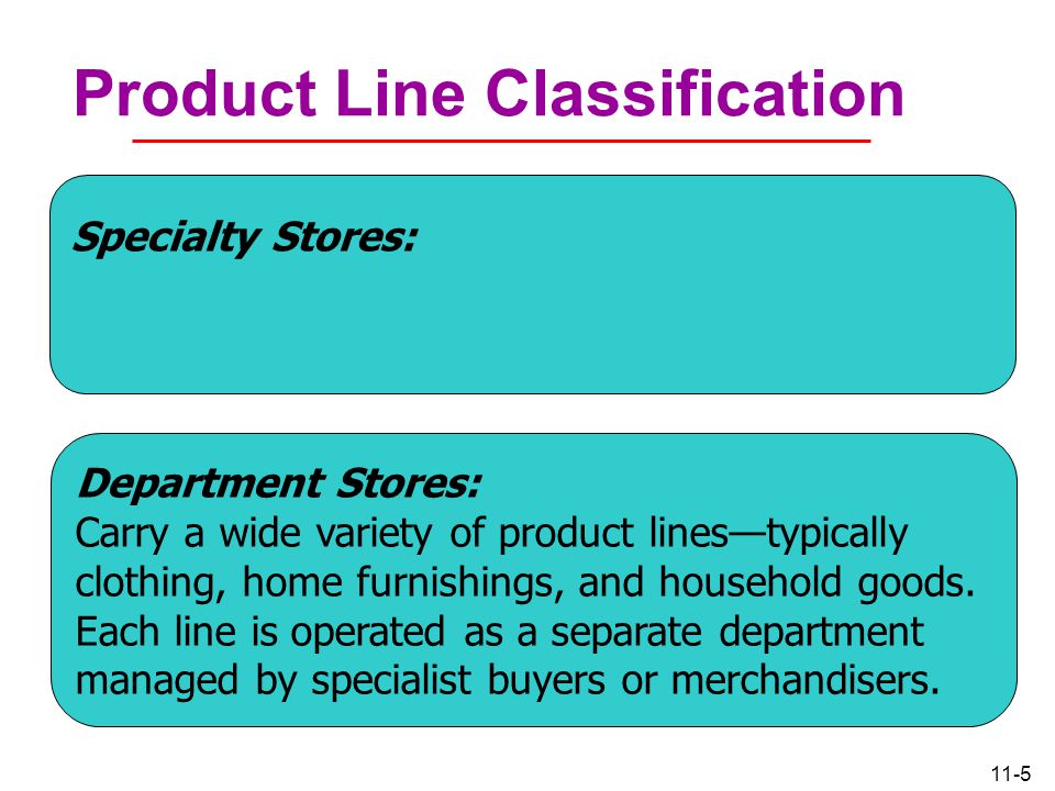 11-5 Product Line Classification Specialty Stores: Department Stores: Carry a wide variety of product lines—typically clothing, home furnishings, and household goods.
