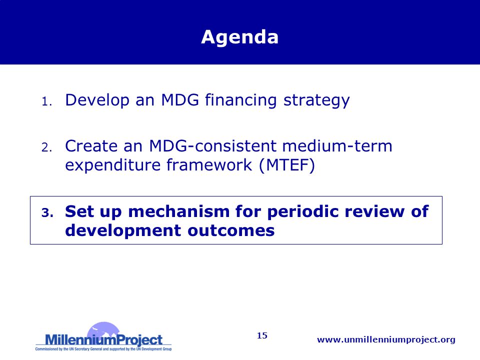 15 Agenda 1. Develop an MDG financing strategy 2.