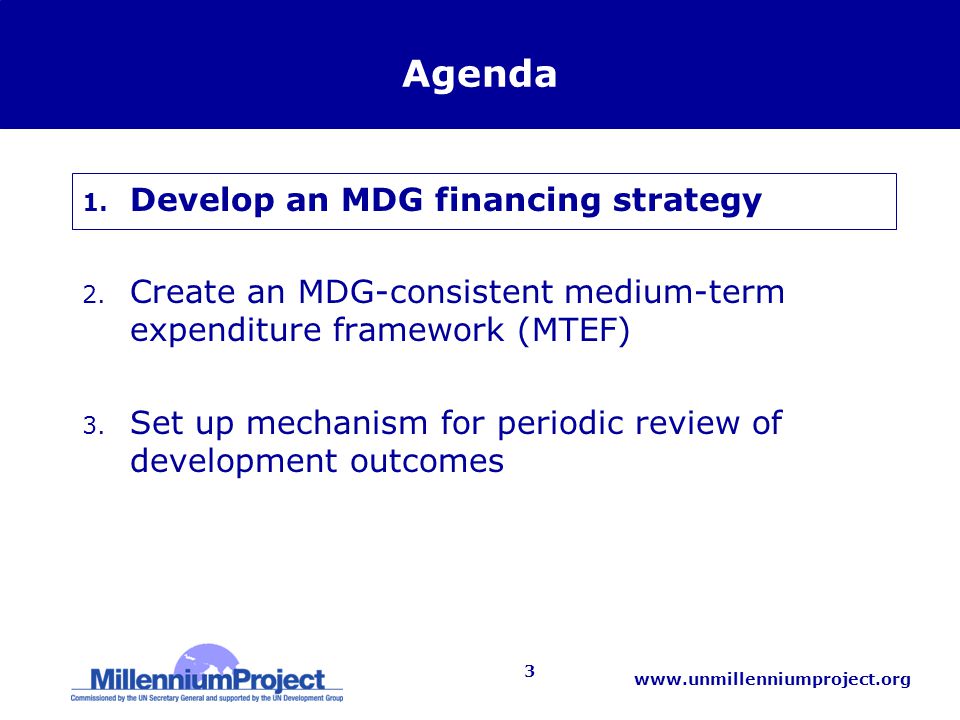 3 Agenda 1. Develop an MDG financing strategy 2.