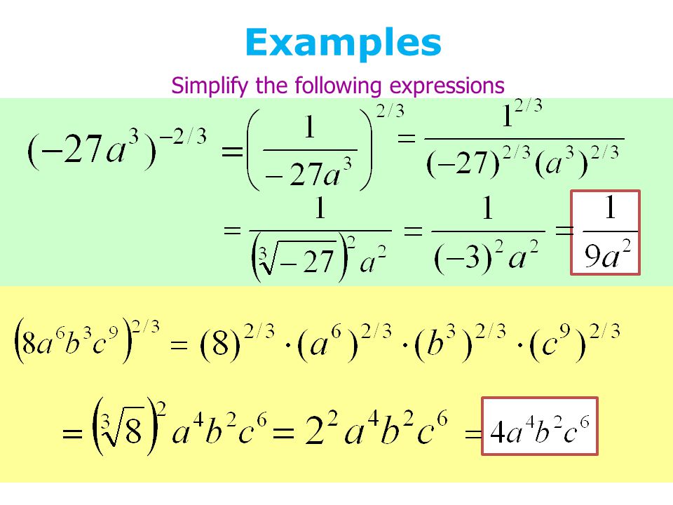 Examples Simplify the following expressions