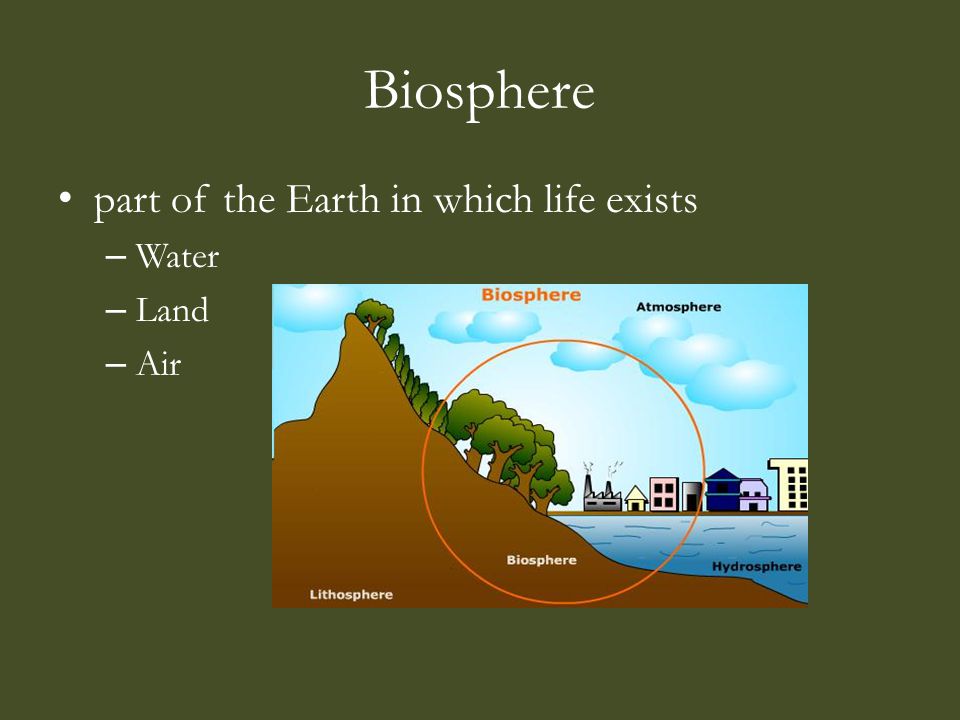 Biosphere part of the Earth in which life exists – Water – Land – Air