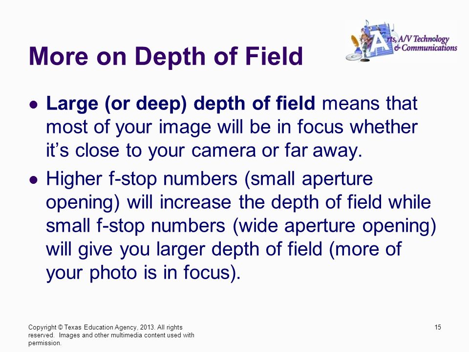 More on Depth of Field Large (or deep) depth of field means that most of your image will be in focus whether it’s close to your camera or far away.