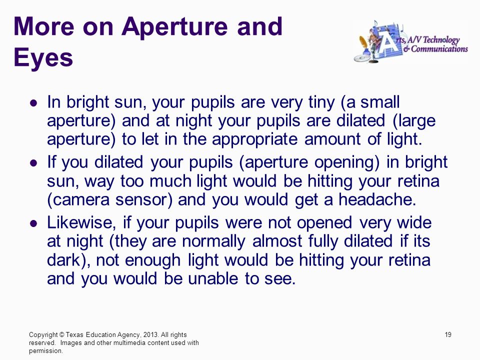 More on Aperture and Eyes In bright sun, your pupils are very tiny (a small aperture) and at night your pupils are dilated (large aperture) to let in the appropriate amount of light.
