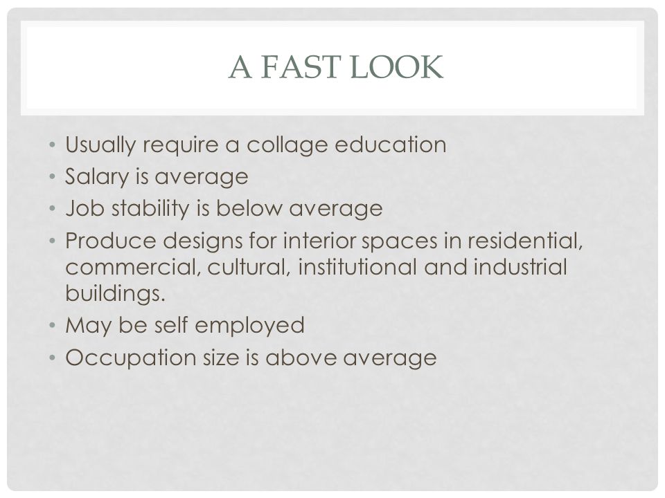 A FAST LOOK Usually require a collage education Salary is average Job stability is below average Produce designs for interior spaces in residential, commercial, cultural, institutional and industrial buildings.